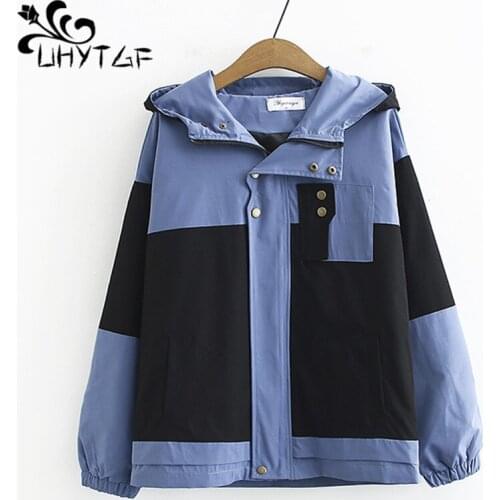 UHYTGF Spring autumn coat women fashion splice hooded elegant female tops outerwear Korean loose 4XL Oversized coats jacket 1510