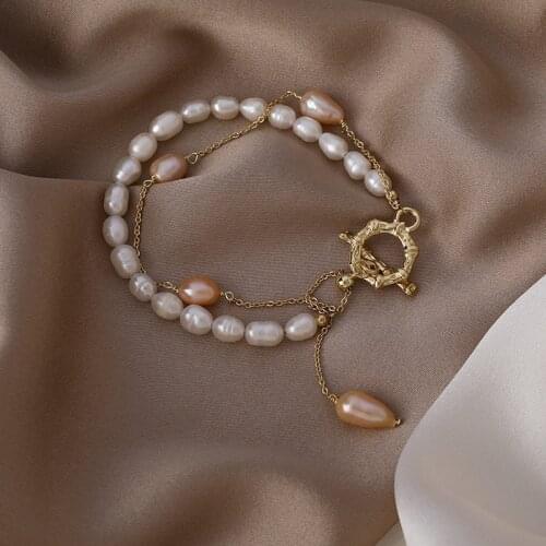 LOVOACC Elegant Double-Layer Natural Freshwater Pearl Bracelet Gold Color OT Toggle Clasp Charm Bracelets for Women Jewelry 2021