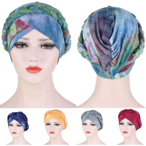 Women Stretchy Turban Hat Fashion Cross Bonnet Hat Retro Tie Dye Print Hijab Cap Hair Accessories Fashion Muslim Scarf Headwrap