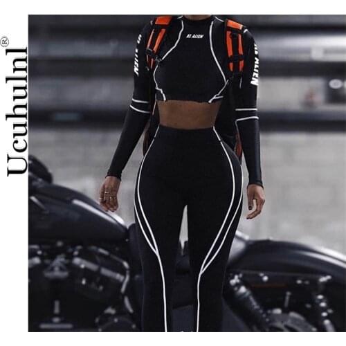 New Women fitness sporting two pieces set letter print turtleneck top leggings striped patchwork 2019 fashion 2 pcs tracksuits