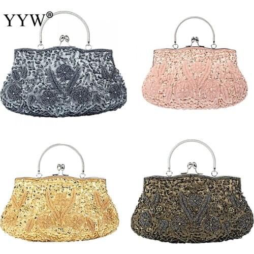 Women Clutch Bag Hand-Stitched Small Glass Beads Floral Shape Retro European And American Party Wedding Clutch Evening Bag
