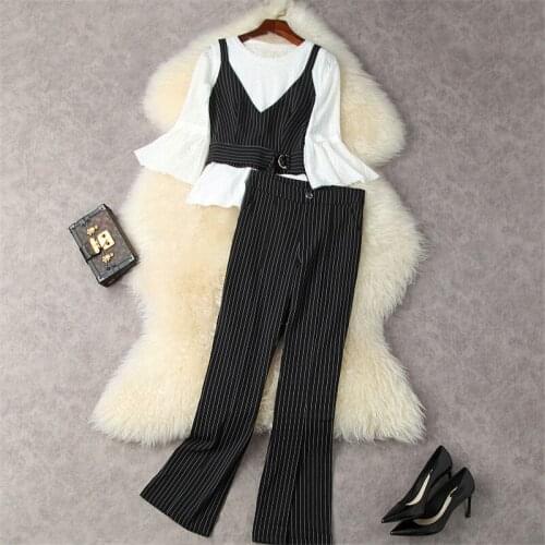 Autumn New Fashion Women Trousers Suit Elegant Lady Flare Sleeve Striped Ves Lace Top and Pants 3 Piece Matching Set Work Outfit