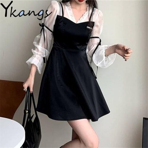 Vestidos Gauze Splicing Fake Two Pieces Black Bodycon Dress Summer Korean Style WomenS Elegant Ruffles Sleeve Fairycore Clothes