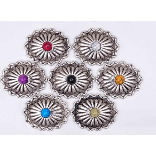 10pcs Bling Silver Southeast Tribal Flower Turquoise Oval Concho For Hatband Leathercraft Saddle Bridle Headstall Belt Decor
