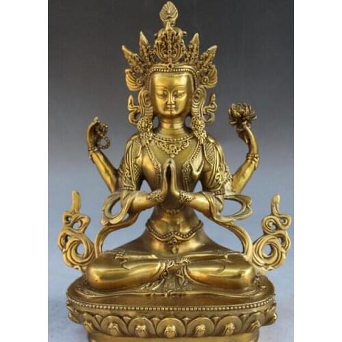 9"Tibet Buddhism Temple Bronze Seat Lotus 4 Hands 4 arms Chenrezig Buddha Statue