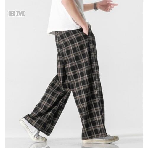 Spring Summer Loose Plus Size Wide Leg Plaid Pants Chinese Style Tai Chi Kung Fu Straight Casual Trousers Harajuku Thin Clothes