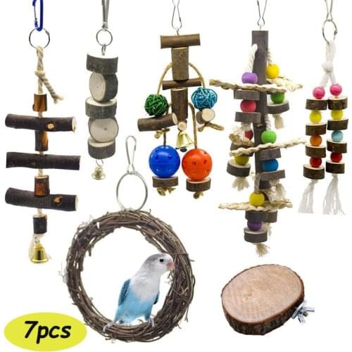 7Pcs/Set Natural Wooden Birds Parrot Toys Chew Bite Hanging Cage Balls Pets Perch Standing Training Pet Tool