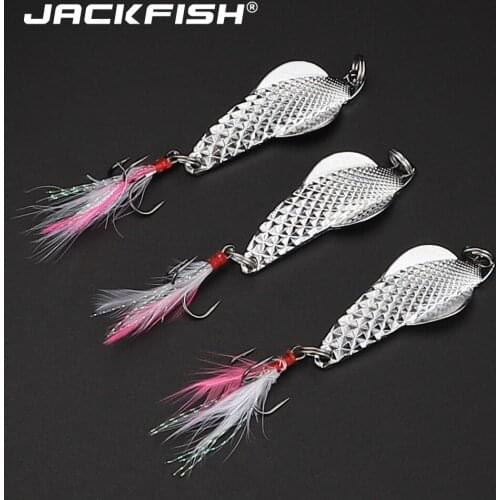JACKFISH Metal Spoon Lure with feather 1pcs Hard Bait 10g/70mm Spoon Fishing Lure Fishing Treble Hook Tackle Artificial Bait