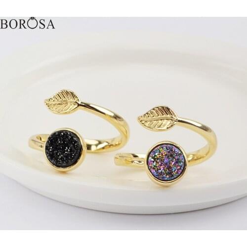 BOROSA New Natural Agates Titanium Gold Druzy Adjustable Ring Women Black Open Ring with Gold Leaf Fashion Party Gifts ZG0437