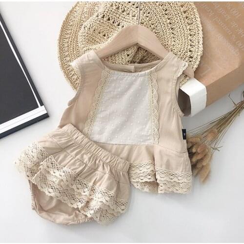 Girls Clothing Set New Summer Kids Girl Clothes Sleeveless Lace Blouse Top and Ruffles Short Pants Sweet Children Suit Outfit