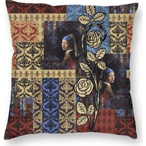 Royal Johannes Vermeer Fleur De Lis Square Throw Pillow Cover Decoration Girl With a Pearl Earring Cushion Cover for Living Room