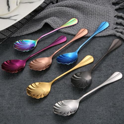 Shell Shape Stainless Steel Spoon With Long HandleCoffee Spoons Teaspoons Ice Cream Dessert Spoons Kitchen Accessories