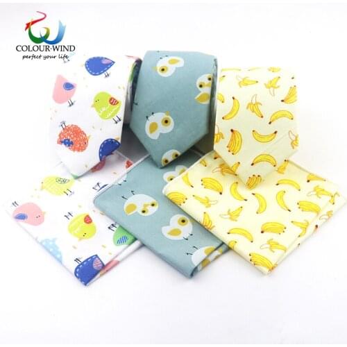Fashion Mens Design Tie Set Cotton Neck Ties Skinny Cartoon Pocket Square Penguin Lion Cat Banana Prints Handkerchief Lots Gift