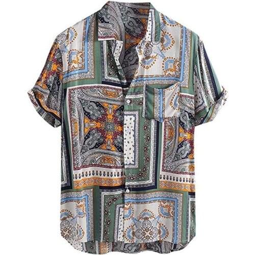 2021 New Mens Geometric Print Ethnic Style Lapel Short Sleeve Shirts Mens Casual Beach Travel Top
