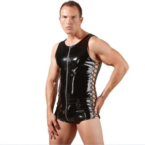 Faux Leather Wetlook Short Sleeve Mens Rompers Male Single Breasted Jumpsuit Catsuit Cargo Short Panty Clubwear Party Overalls