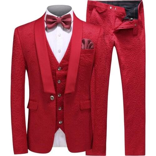 3 Pieces Mens Red Suit Casual Floral Blazer Prom Purple Tuxedos Tweed Shawl Lapel Dinner Party White Jacket Wedding Grooms