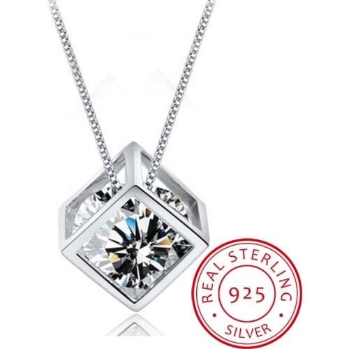 925 Sterling Silver Cube Zirconia Pendant Necklace For Women Gift 45cm Link Chain choker collares kolye S-N76