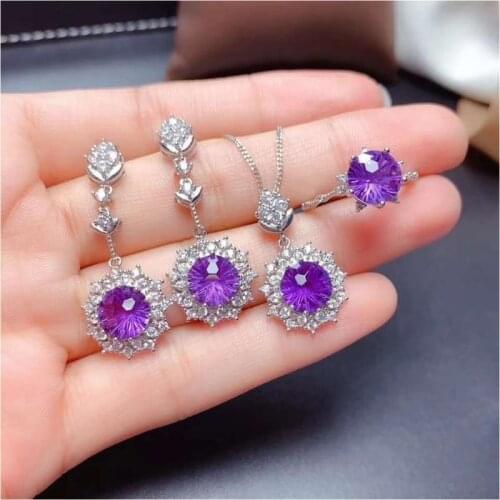 Luxury Lab Amethyst cz Jewelry set 925 Sterling Silver Party Wedding Rings Earrings Necklace For Women Gemstones Jewelry