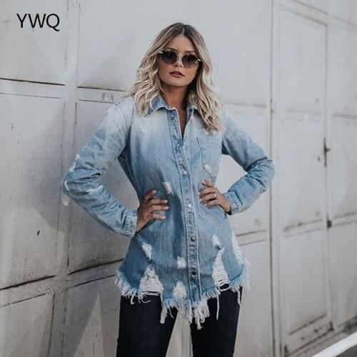 Ripped Denim Shirt Women Long Sleeve Mom Shirt Vintage Hole Tassels Loose Party Clothes Casual Turn Down Collar Women Dresses