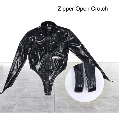 Wet Look Shiny PVC Catsuit Long Sleeve Zipper Open Crotch Bodysuit Tights Rompers Combinasion Femme Bodies Leotard Sexy Clubwear