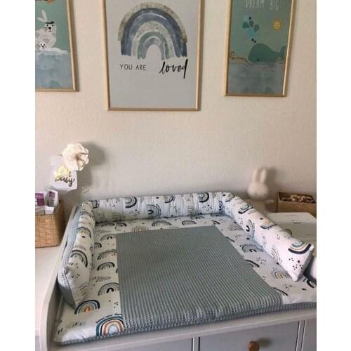 INS removable washable childrens printing rainbow crib bed with safety anti-collision guardrail bed by comforting long pillow