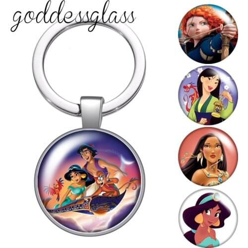 Princesses jasmine merida Mulan pochahontas glass cabochon keychain Bag Car key chain Ring Holder Charms keychains for Kids gift