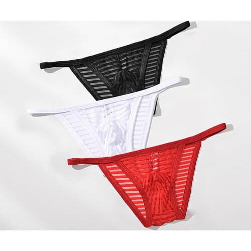 Summer Mesh Striped Sexy Men Underwear G-string Breathable Low-Rise Slips Bikini Gay Man Panties Underpants Mens Thongs Briefs