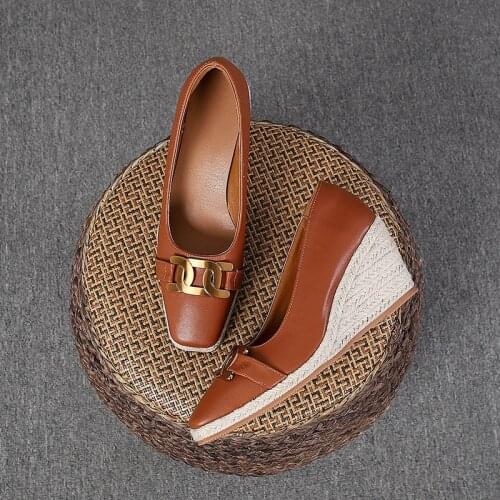 2021 Metal Button Artificial Leather Wedges Shoes Womens Shallow Mouth Espadrilles Spring Autumn New Sandals High Heels