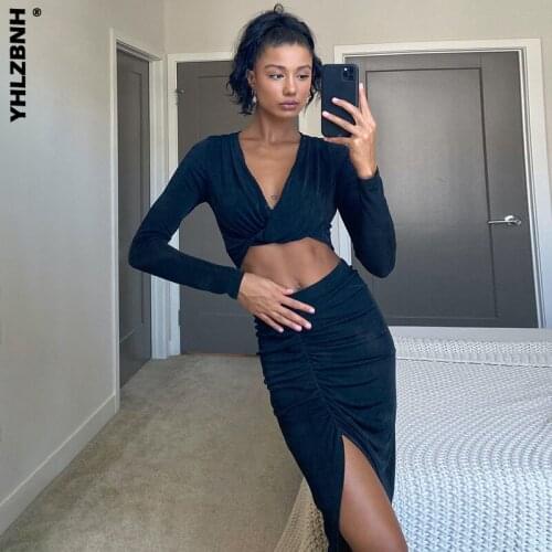 YHLZBNH 2PCS Womens Long Sleeve V Neck Tops Midi Split Skirt Suit Classic Autumn Solid Pleated Laides Clothes Suits