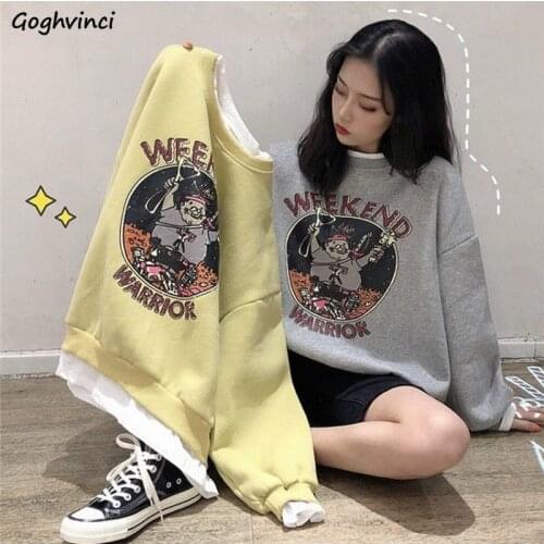Women No Hat Hoodies Pullover Fake Two Pieces Plus Velvet Thicker Sweatshirts Printed Streetwear Harajuku Casual Loose Stylish