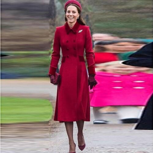 Kate Middleton Velvet Pocket Double Breasted Long Sleeve Red Woolen Coat Long Slim Fit Temperament High Quality New Women