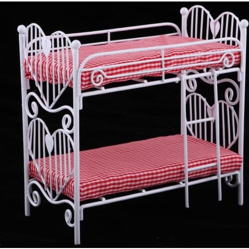 1:12 Dollhouse Bunk Bed with Plaid Mattress Furniture Decor Toy Accessory
