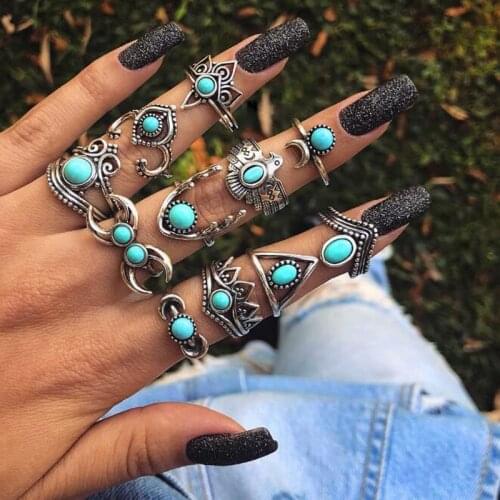11Pcs/set Vintage Silver Color Eagle Deer Crown Moon Midi Knuckle Finger Rings Set for Women Retro Bohemian Geometric Jewelry