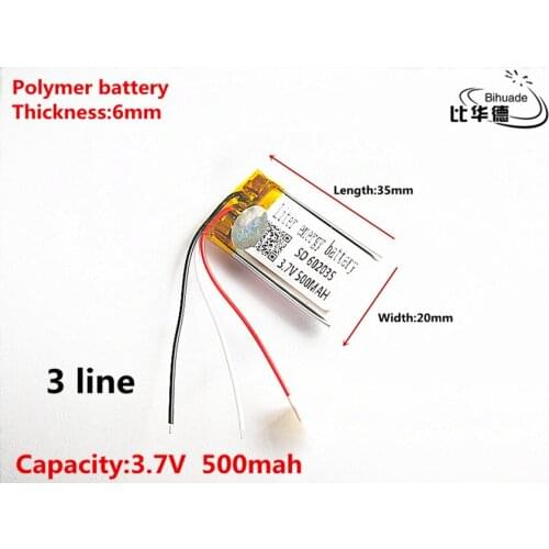 3 line Good Qulity 3.7V,500mAH,602035 Polymer lithium ion / Li-ion battery for TOY,POWER BANK,GPS,mp3,mp4