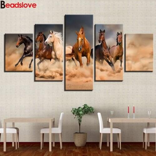 5D Diy Diamond Painting 5 Panel Animal Horses Needlework Decorative full Square Round Diamond Embroidery Sale