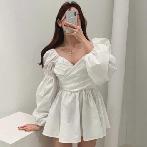 Korean Cloth V-neck White Womans Dress Slim Waist Long-sleeve Streetwear Bodycon Elegant Party Mini Dresses Female 2021 Spring