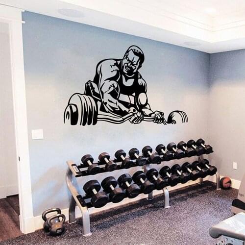Large Muscle Man Powerlifting Bodybuilding Gym Dumbbells Wall Sticker Crossfit Workout Exercise Gym Studio Wall Decal Man Cave