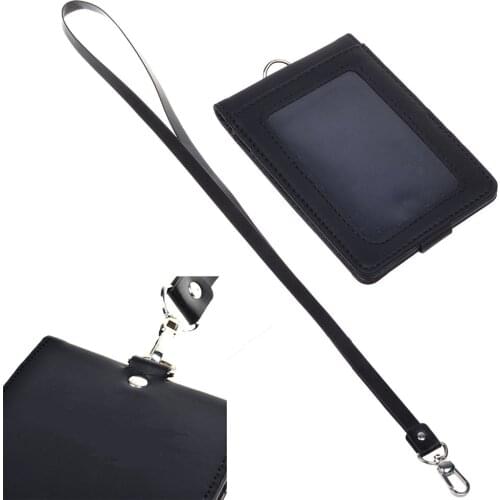 Black Color Folding PU Leather Vertical ID Card Holder with 2 ID Window and 3 Card Slots, with PU Neck Strap Band Lanyard