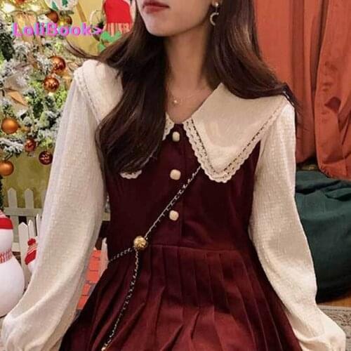 Lolibook Elegant Vintage Dress Women Kawaii Casual One Piece Dress Korean Spring Sweet Preppy Style Peter Pan Collar Party Dress