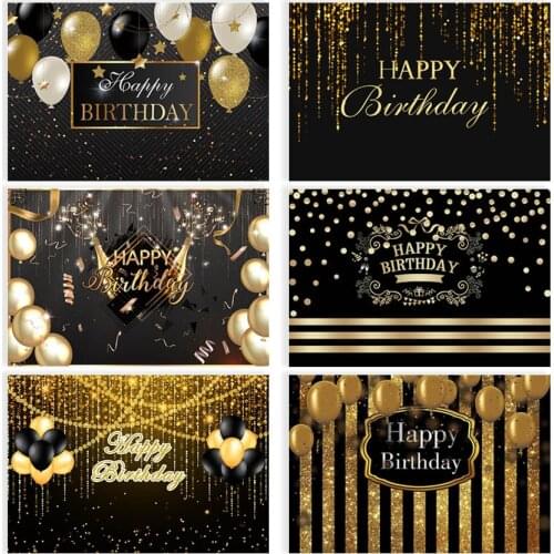 Happy Birthday Party Backdrop Black and Gold Glitter Balloons Background Sparkle Shining Dots Abstract Decoration Photo Booth
