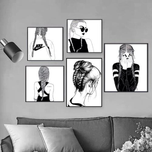 Canvas painting Wall art pictur Posters Fashion Woman braid girls illustrations Wall decor painting Poster black and white
