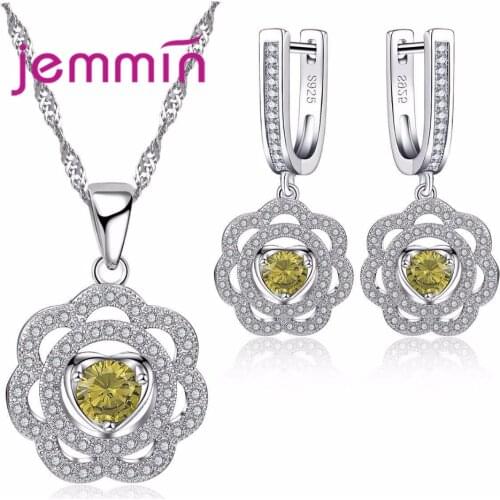 New Fashion Flower Pendant Necklaces And Earrings Set 925 Sterling Silver Diamond Set Jewellery For Women Girls Party