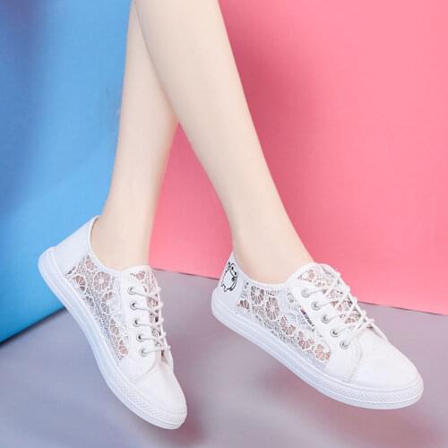 Summer White Shoes Canvas Shoes Lace Breathable Shoes Cutout Flat-Style Mesh Shoes-Style Lace-up Running Shoes