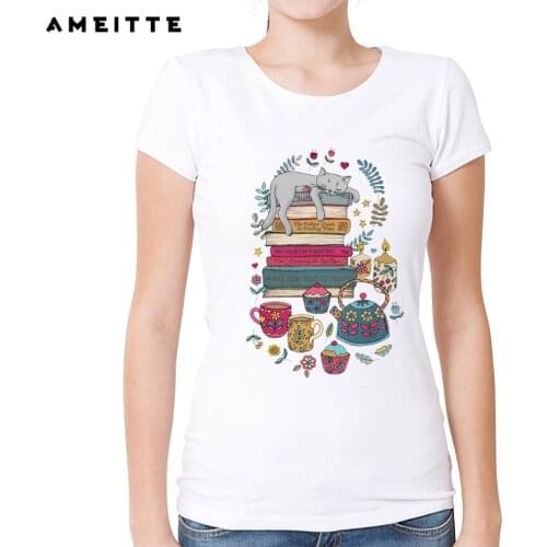 Cute Cat Pattern T-Shirt Funny Sleep Cat Books Flowers T Shirt Summer Women/Ladies Harajuku Hipster Tops Tee Shirts