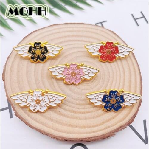 Cartoon Cute Cherry Blossom Enamel Pins Plant Flowers Angel Wings Alloy Brooch Badge Sweet Accessories Fashion Woman Jewelry
