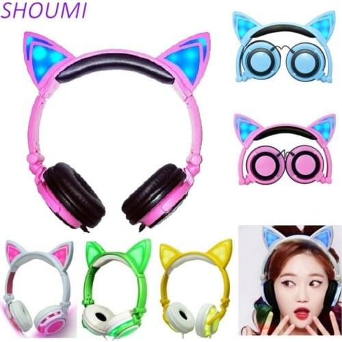 Shoumi Cat Ear Headphones with LED Flashing Glowing Light Cute Wired Headset Stereo Music Earphones for Cell Tablet Computer