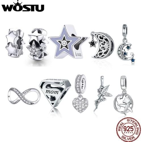 WOSTU Authentic 925 Sterling Silver Star Moon Charms Pendant Fit Original Bracelet Women Party Fashion DIY Jewelry Gift Making