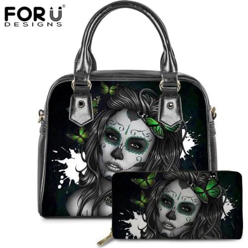 FORUDESIGNS Sugar Skull Girls Day of the Dead Luxury Women Handbags Casual Gothic Fashion Pu Leather Female Crossbody Tote Bags