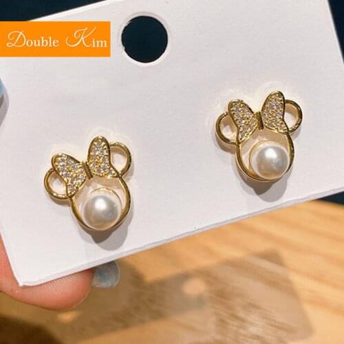 Cartoon Mouse Stud Earrings Cute Girl Style Gold Color Alloy Inlaid Zircon Pearl Fashion Trendy Earrings Women Jewelry Gift