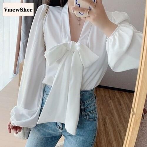 VmewSher New Spring Summer Women Shirt Chiffon Big Bow V Neck Fashion Female Chic Long Sleeve Blouse White Lady Elegant Tops